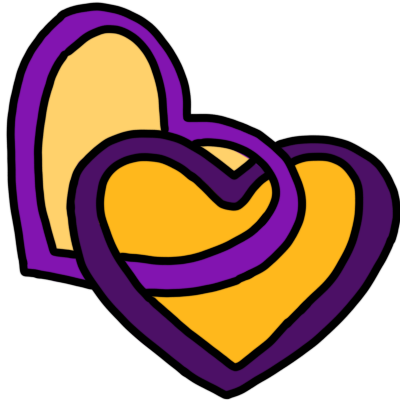 two interlocking yellow hearts with thick purple outlines.